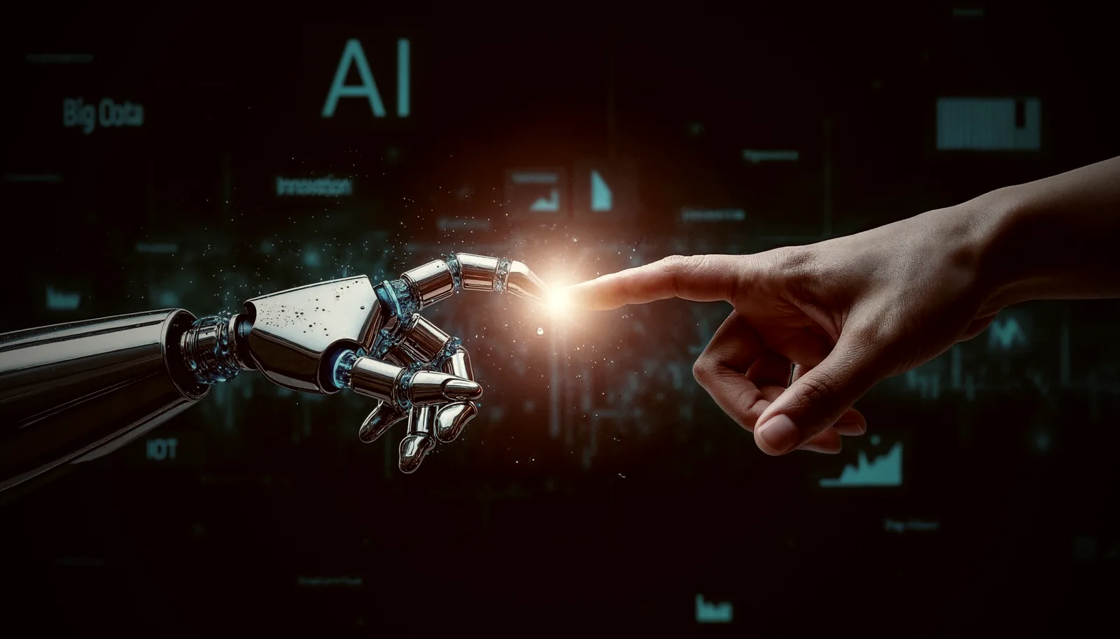 A robotic hand and a human hand reaching toward one another, the moment an AI system meets the people who must now secure it.