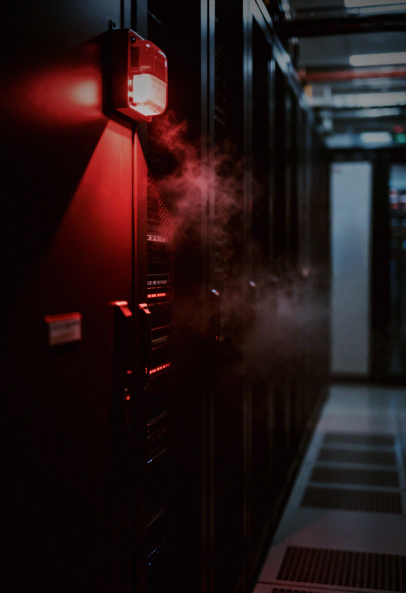 A data centre under red emergency lighting, the visual of a production estate reached by an intruder that arrived without warning.