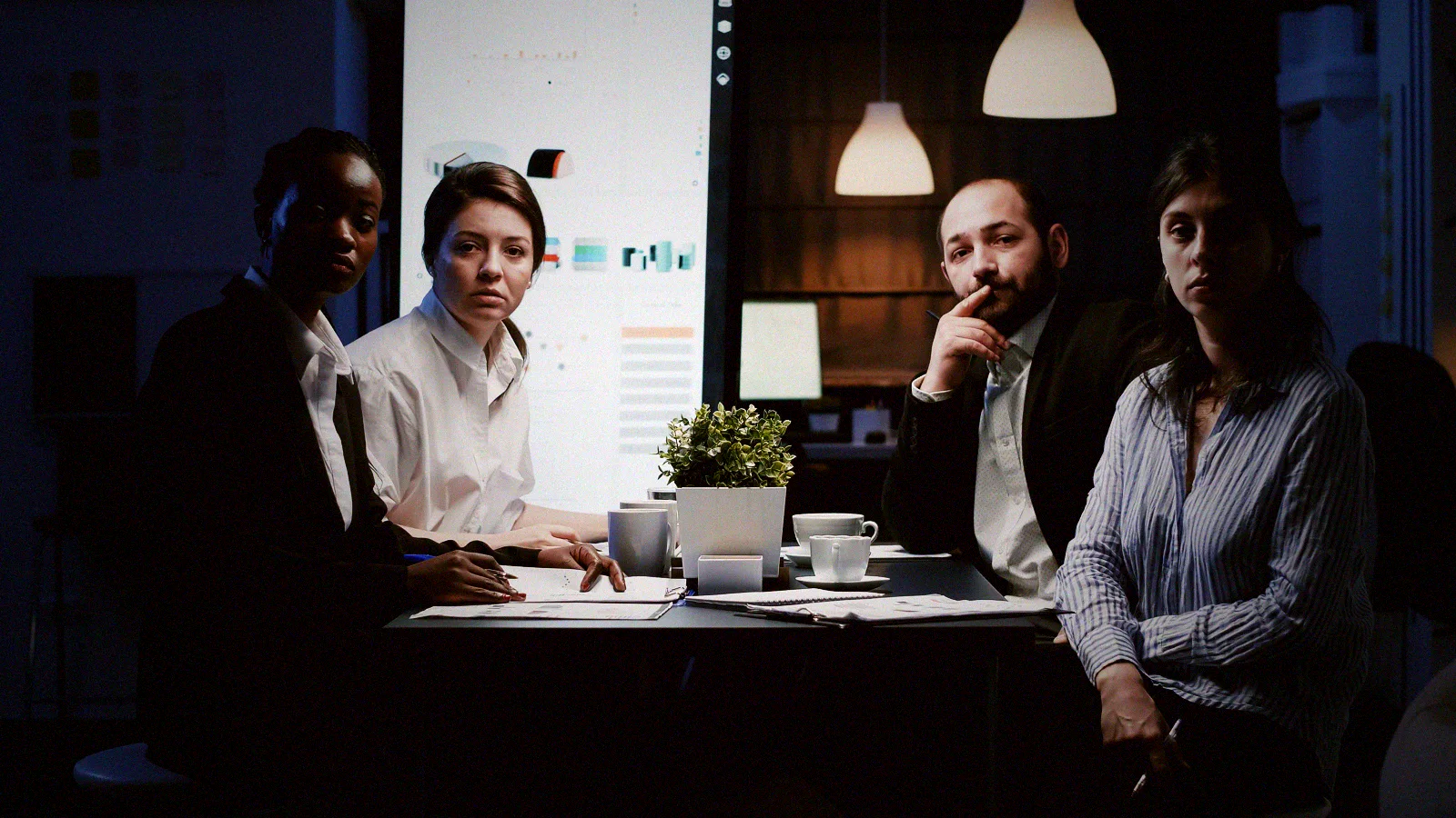 A board and audit committee around a conference table, the room where an AI management system is signed off and where nobody attacks the system it governs.