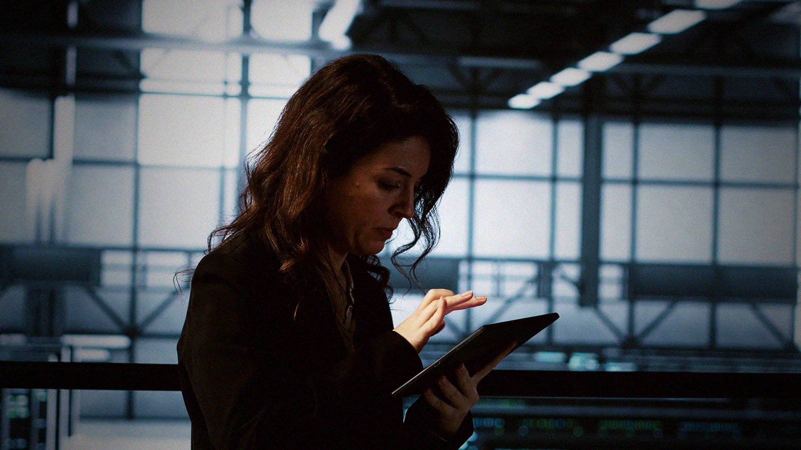 A server room lit by a threat-detection alert, the moment a defender learns an automated intruder is already inside.